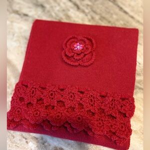 April Cornell Red Wool Blend Outdoor Scarf. Flower jewel Embellishment
